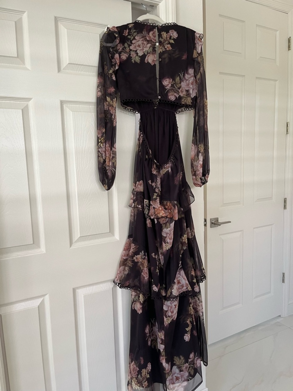 ASOS TALL Floral Lace-Trim Maxi Dress in Brown with Pink Rose Print - Picture 8 of 8